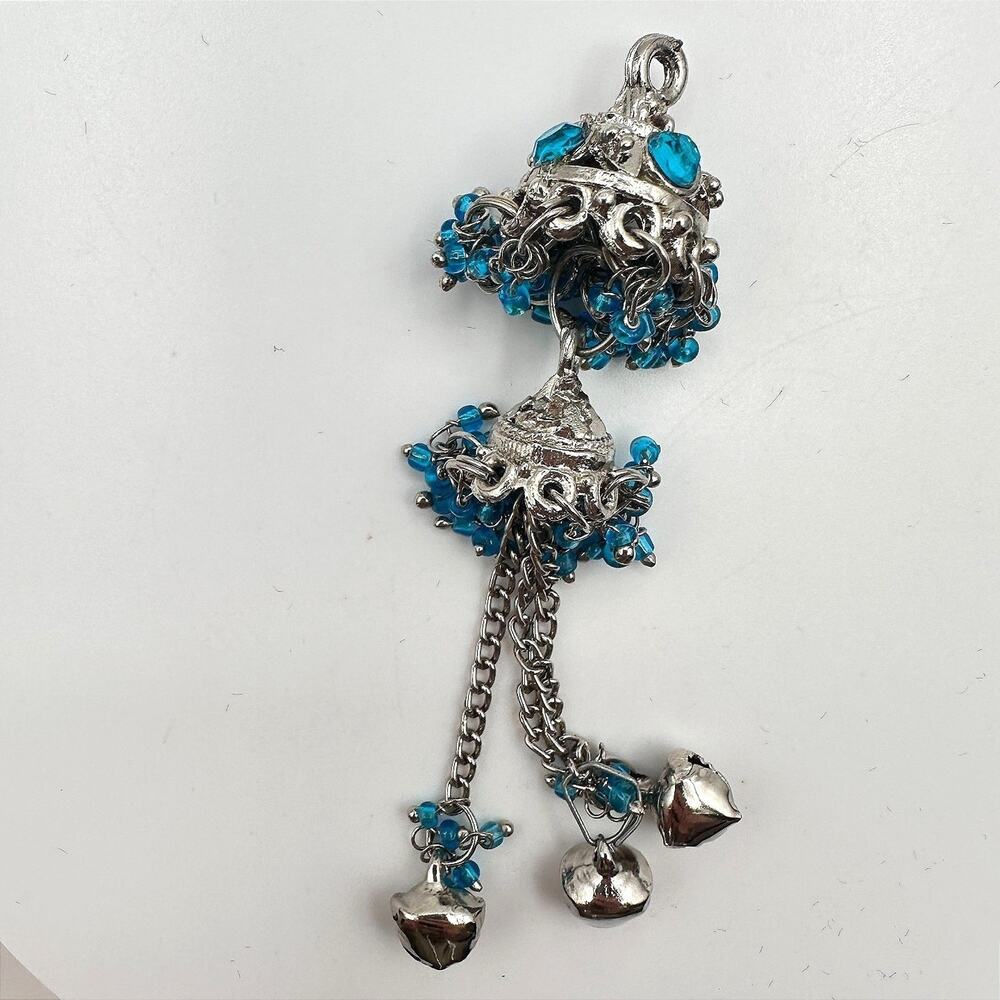 Vintage 90s Silver Tone Jhumka Bell Tassel Pendant Blue Seed Beaded Jewelry